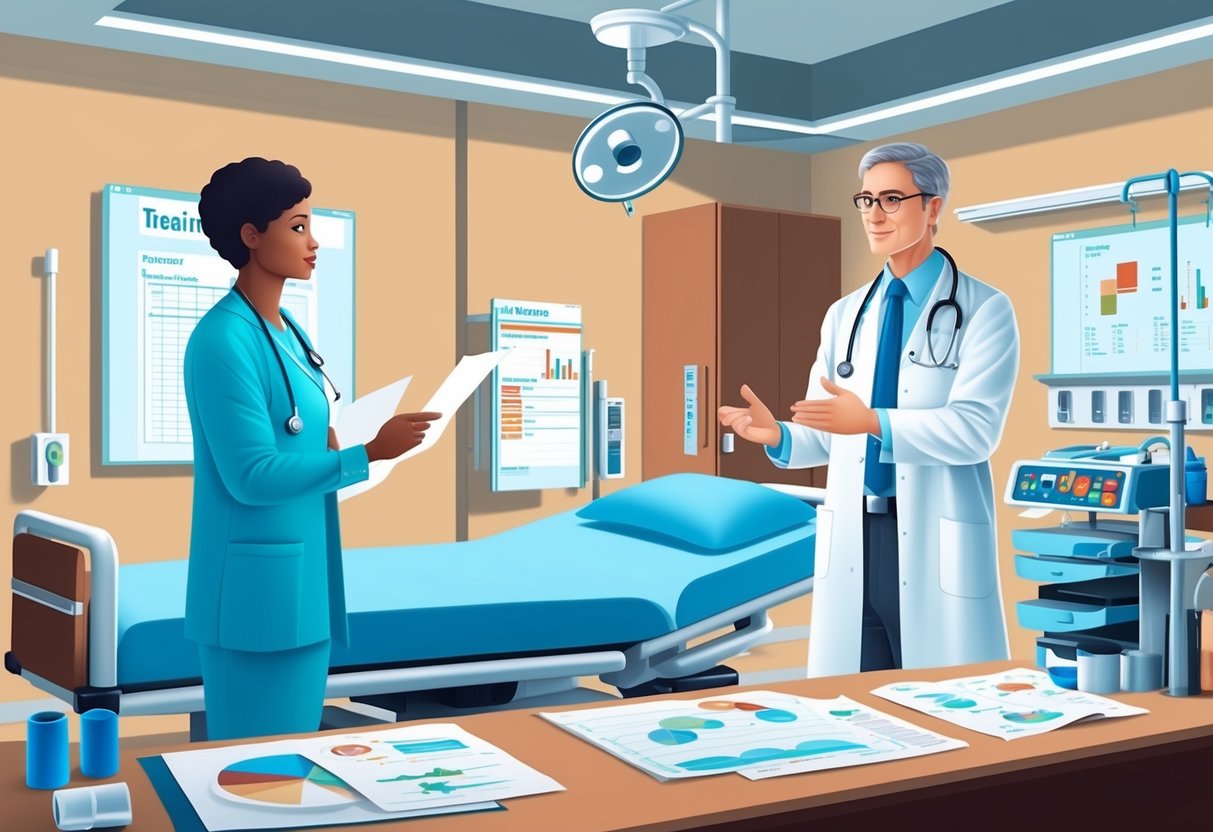 A hospital room with a doctor and patient discussing treatment options for cancer.</p><p>Various medical equipment and charts are visible