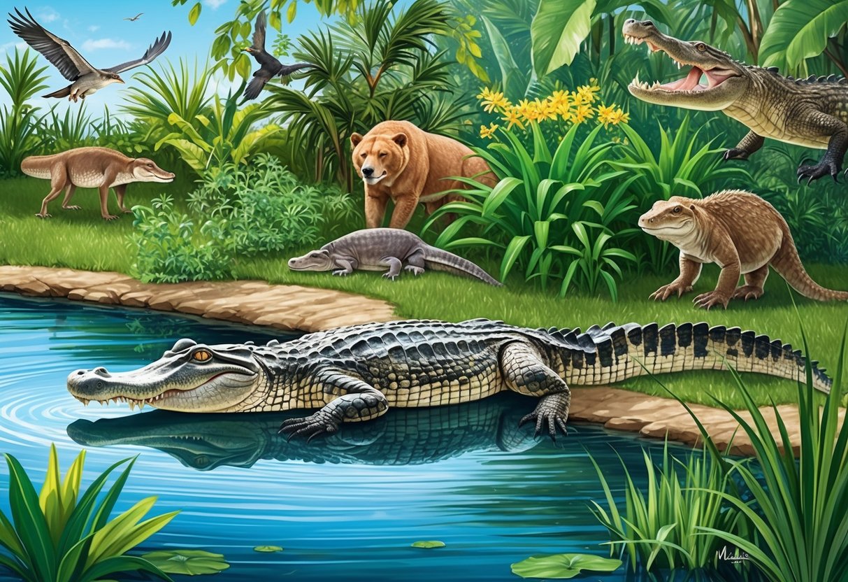 A large alligator lounges at the water's edge, surrounded by lush vegetation and other wildlife in a diverse and thriving ecosystem