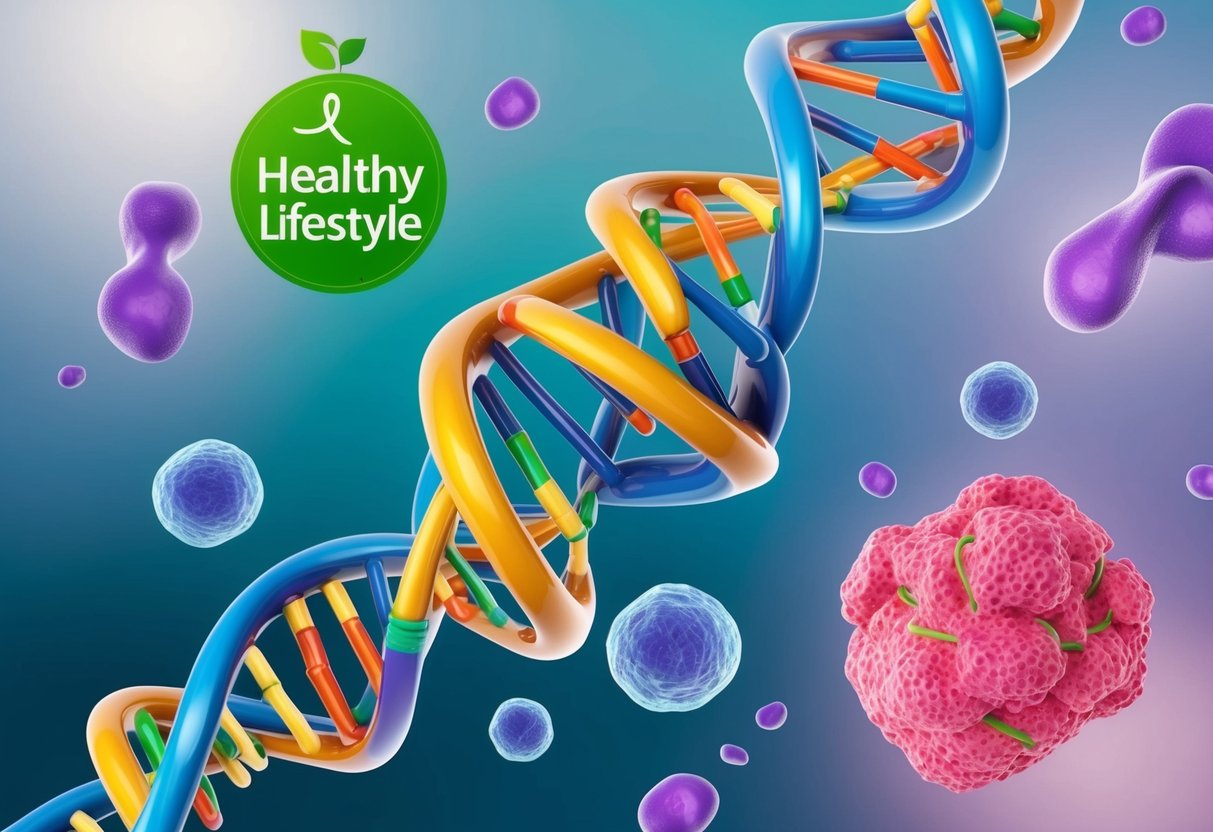 A DNA double helix intertwines with a healthy lifestyle symbol, surrounded by cellular structures and a cancerous tumor