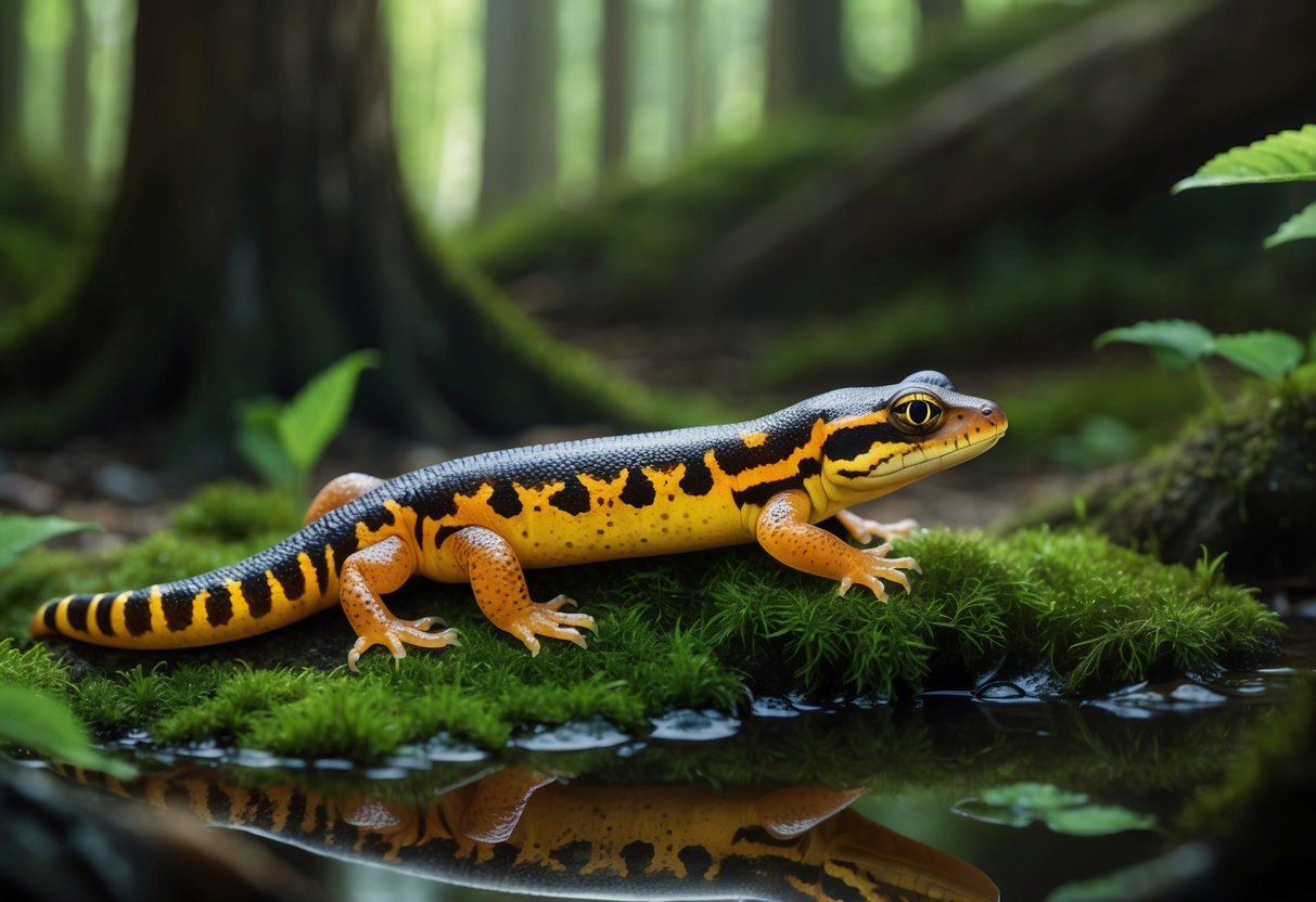 A tiger salamander, about 6-8 inches in length, is resting on damp moss in a shaded forest clearing