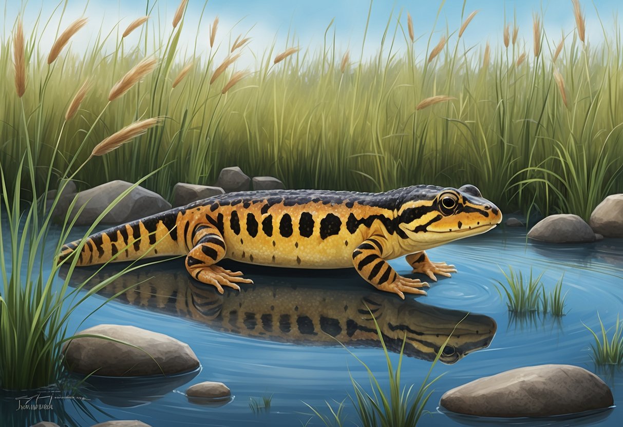 A tiger salamander, 6-8 inches long, sits in a wetland habitat with tall grasses and scattered rocks