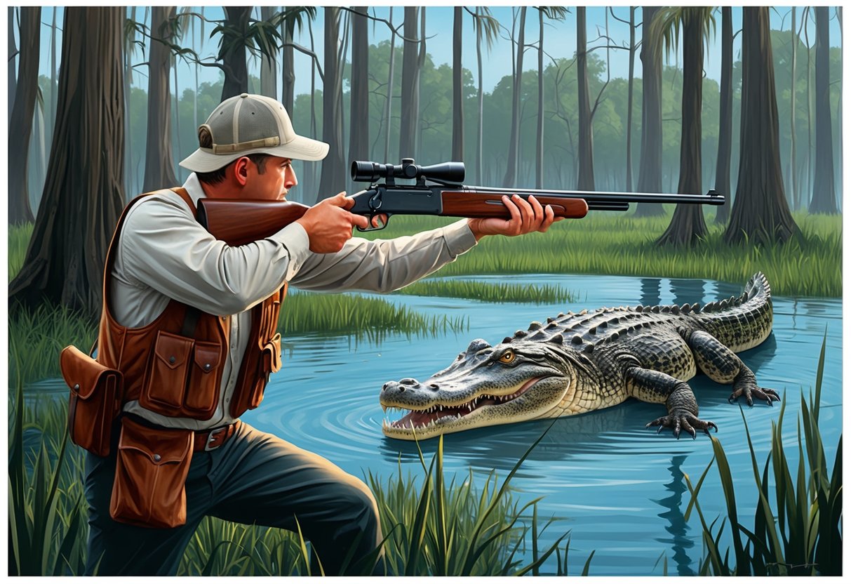 A hunter aims a rifle at a large alligator in a swamp