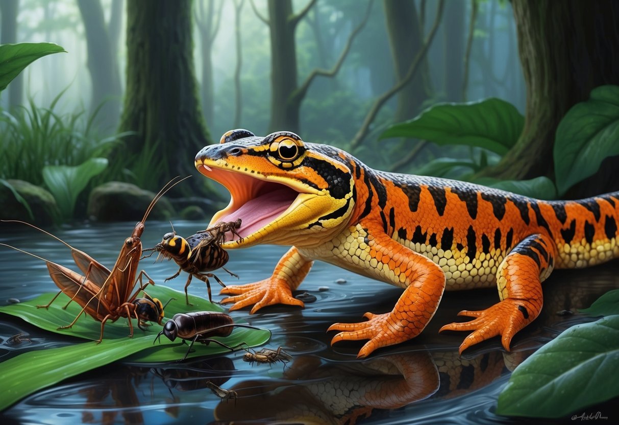 A tiger salamander feasting on insects in a damp forest setting