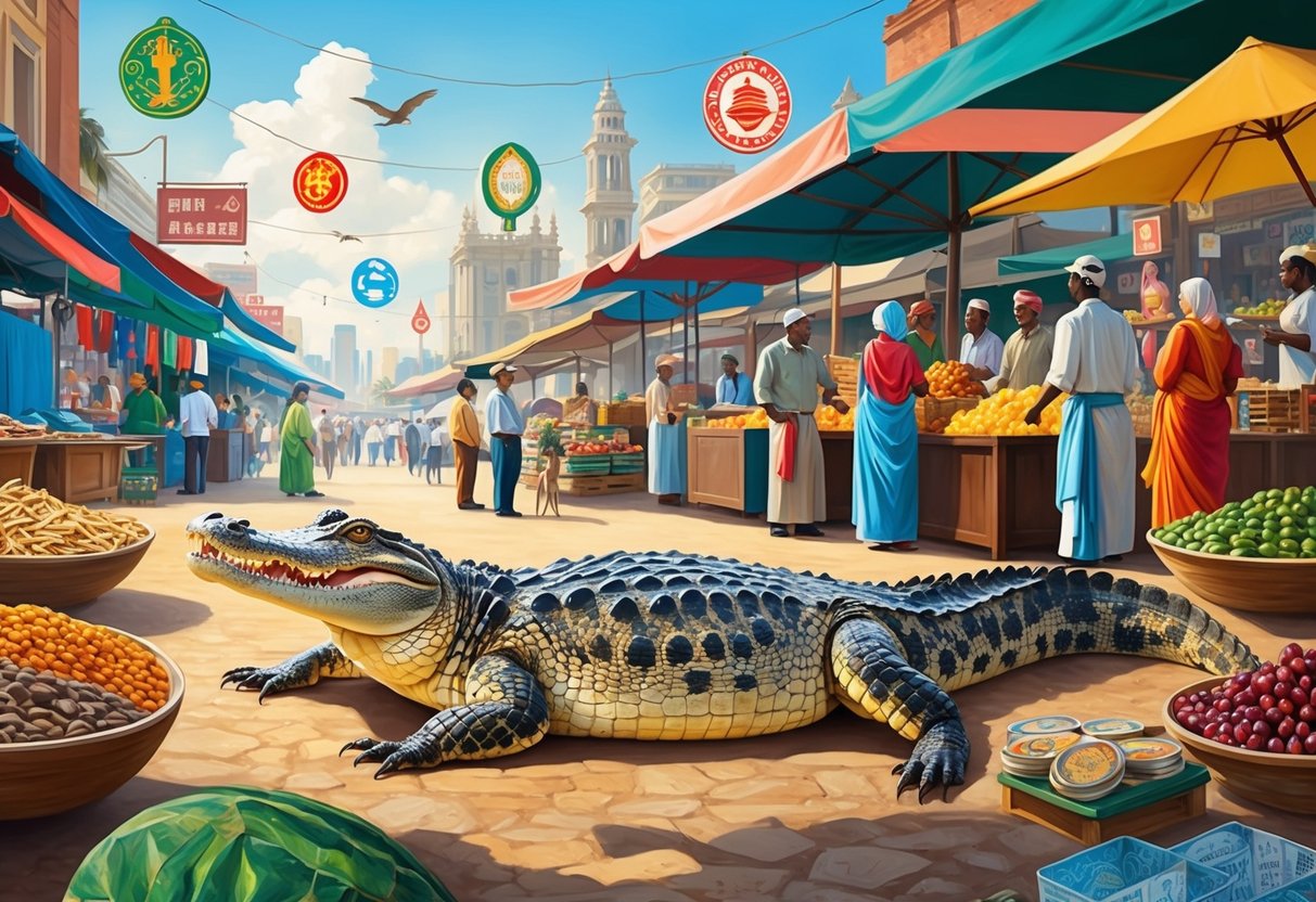 A large alligator basking in the sun near a bustling market, surrounded by diverse cultural symbols and signs of economic activity