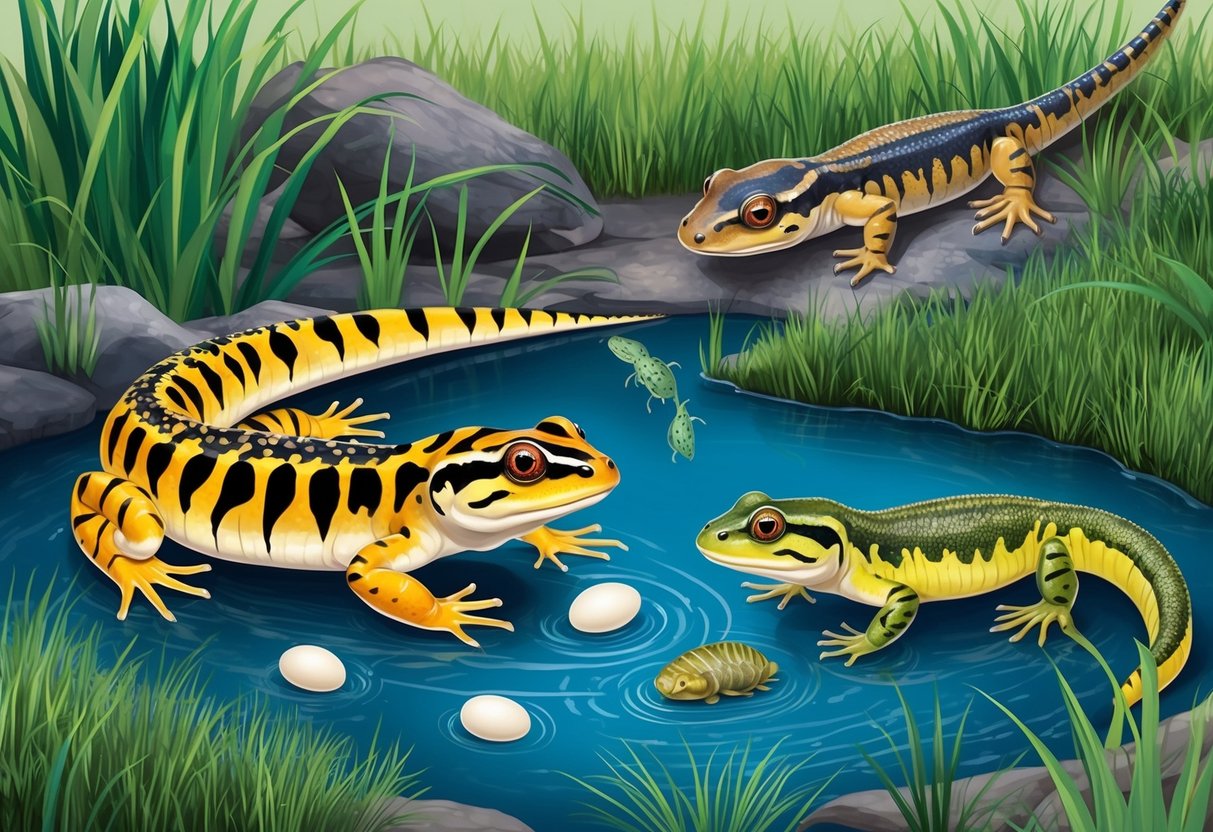 A tiger salamander lays eggs in a pond, where they hatch into larvae and grow into adult salamanders, showcasing their life cycle and reproduction process