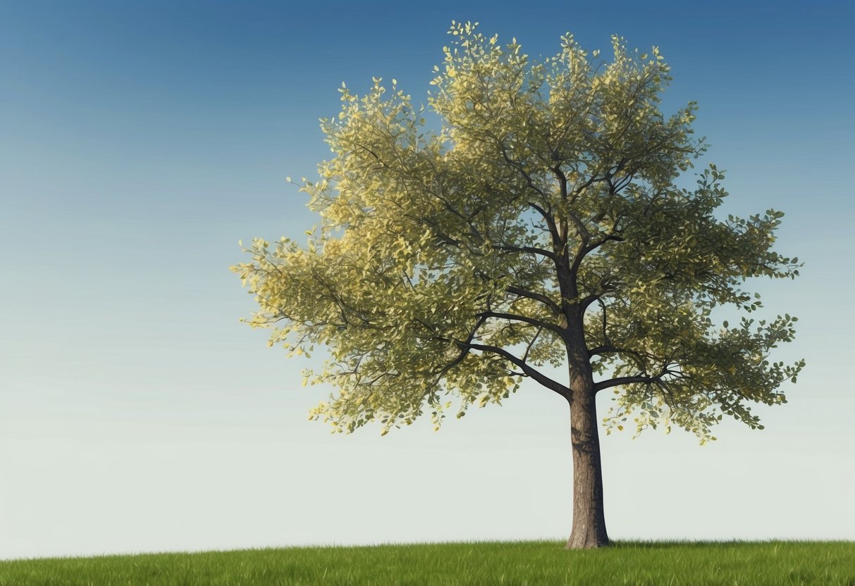 A lone apple tree stands tall, its branches reaching towards the sky.</p><p>The leaves are tinged with a hint of yellow, a symbol of the passage of time