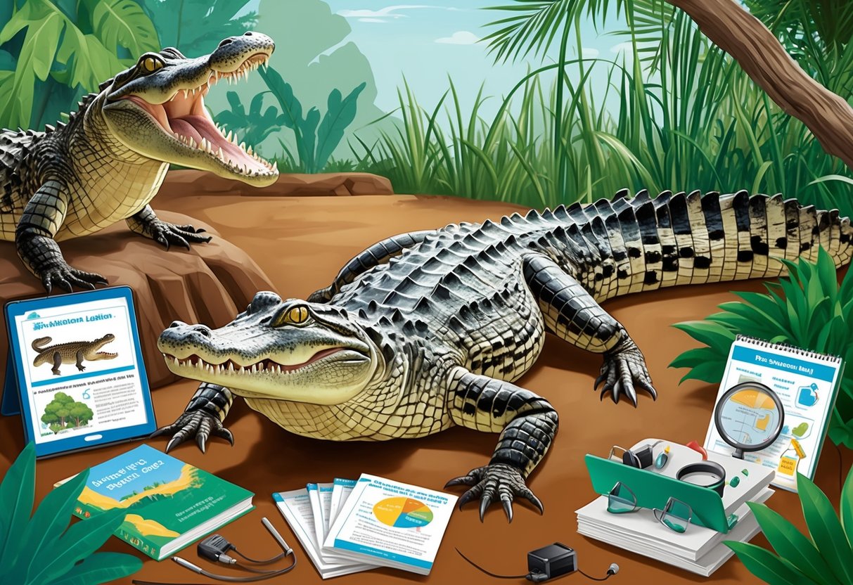 A large alligator in a natural habitat, surrounded by educational materials and research equipment