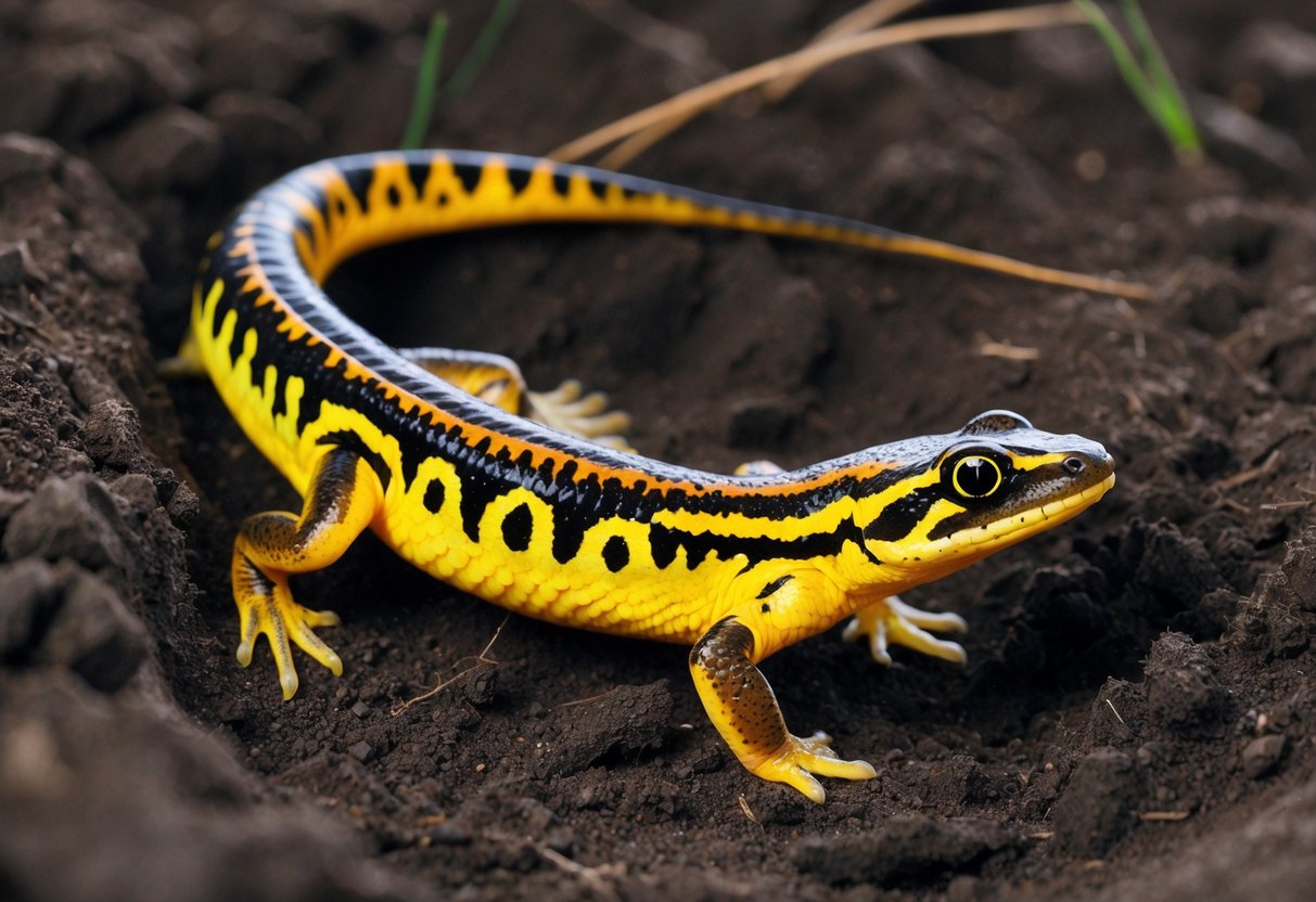 A tiger salamander, with its distinct black and yellow markings, is seen burrowing in moist soil, displaying its reclusive nature