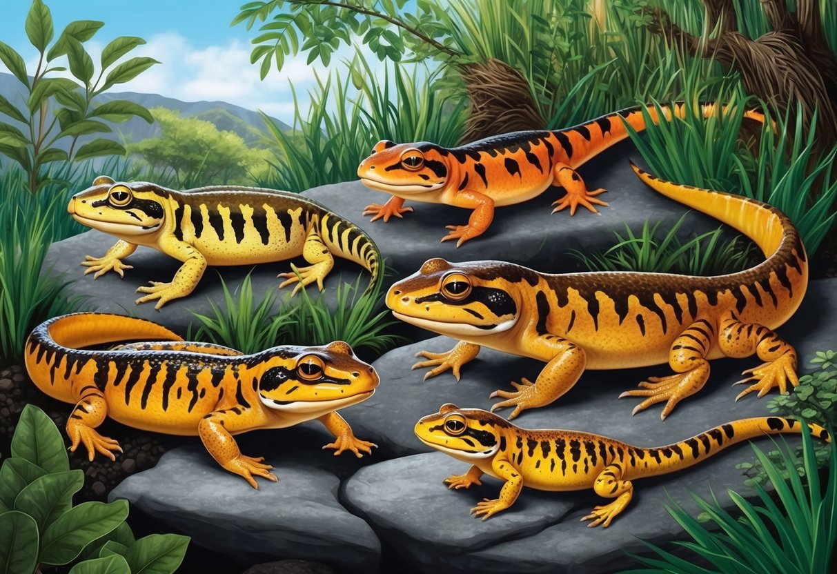 Tiger salamanders of varying sizes in a natural habitat, displaying distinct subspecies variations