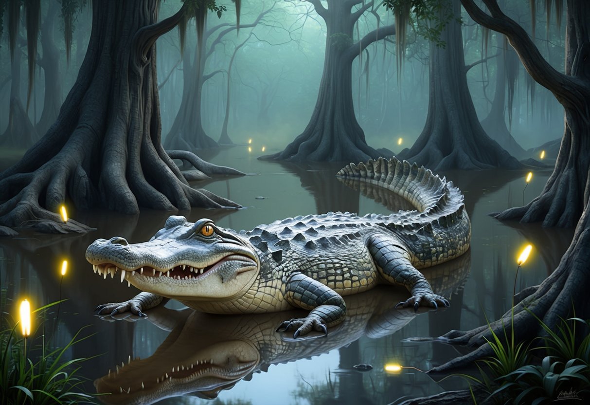 A massive alligator emerges from a murky swamp, surrounded by ancient trees and glowing fireflies