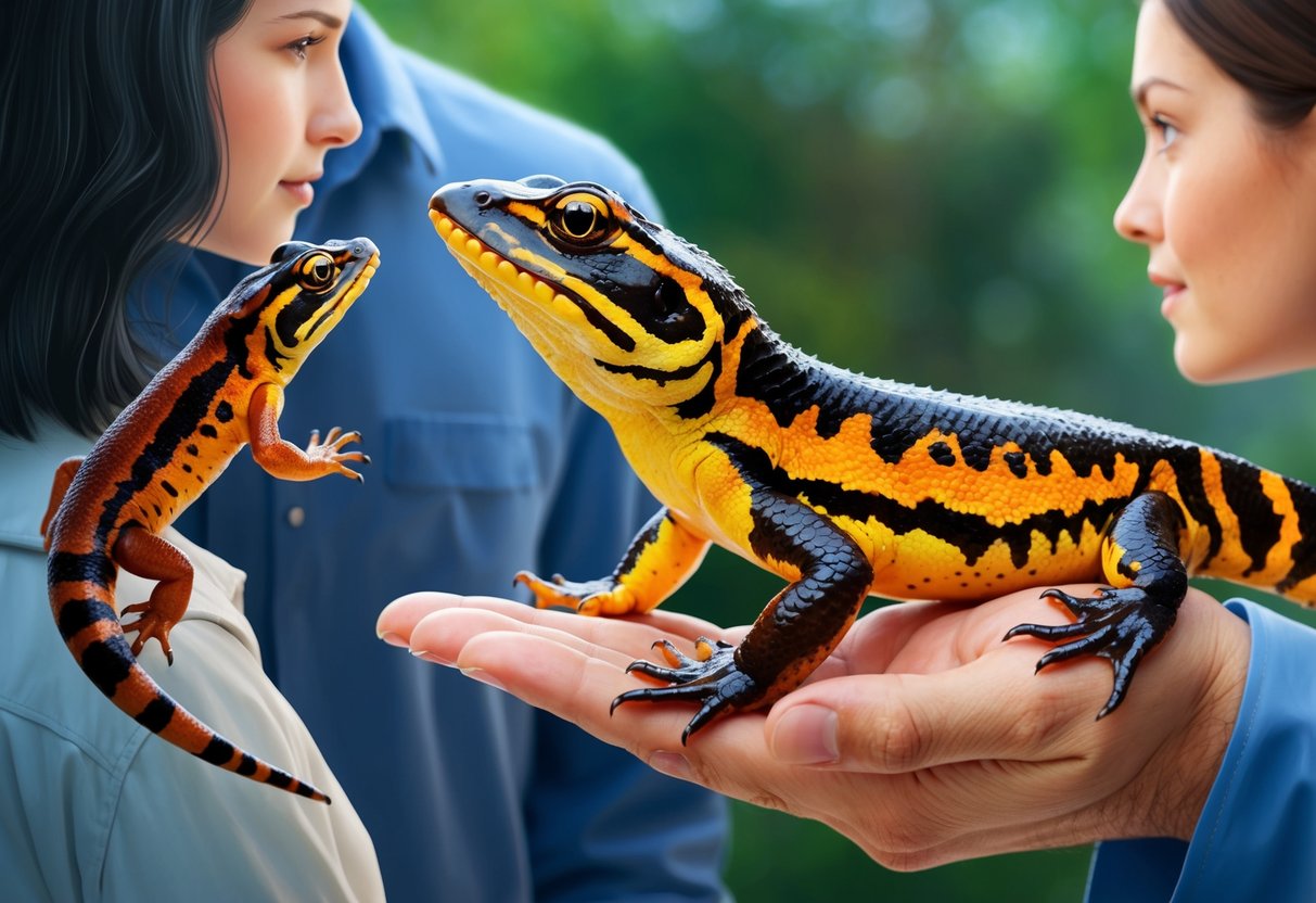 A tiger salamander interacts with humans, showcasing its size