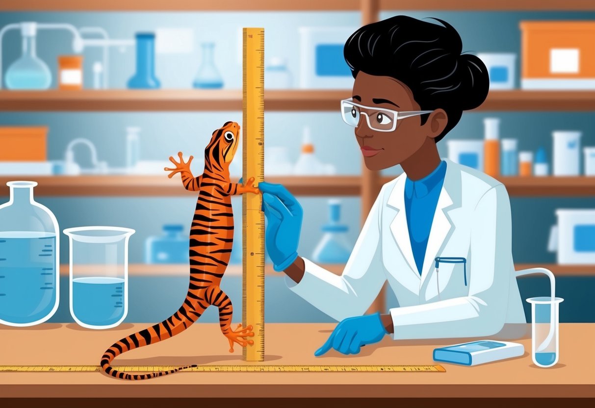 A scientist measures a tiger salamander against a ruler in a research lab