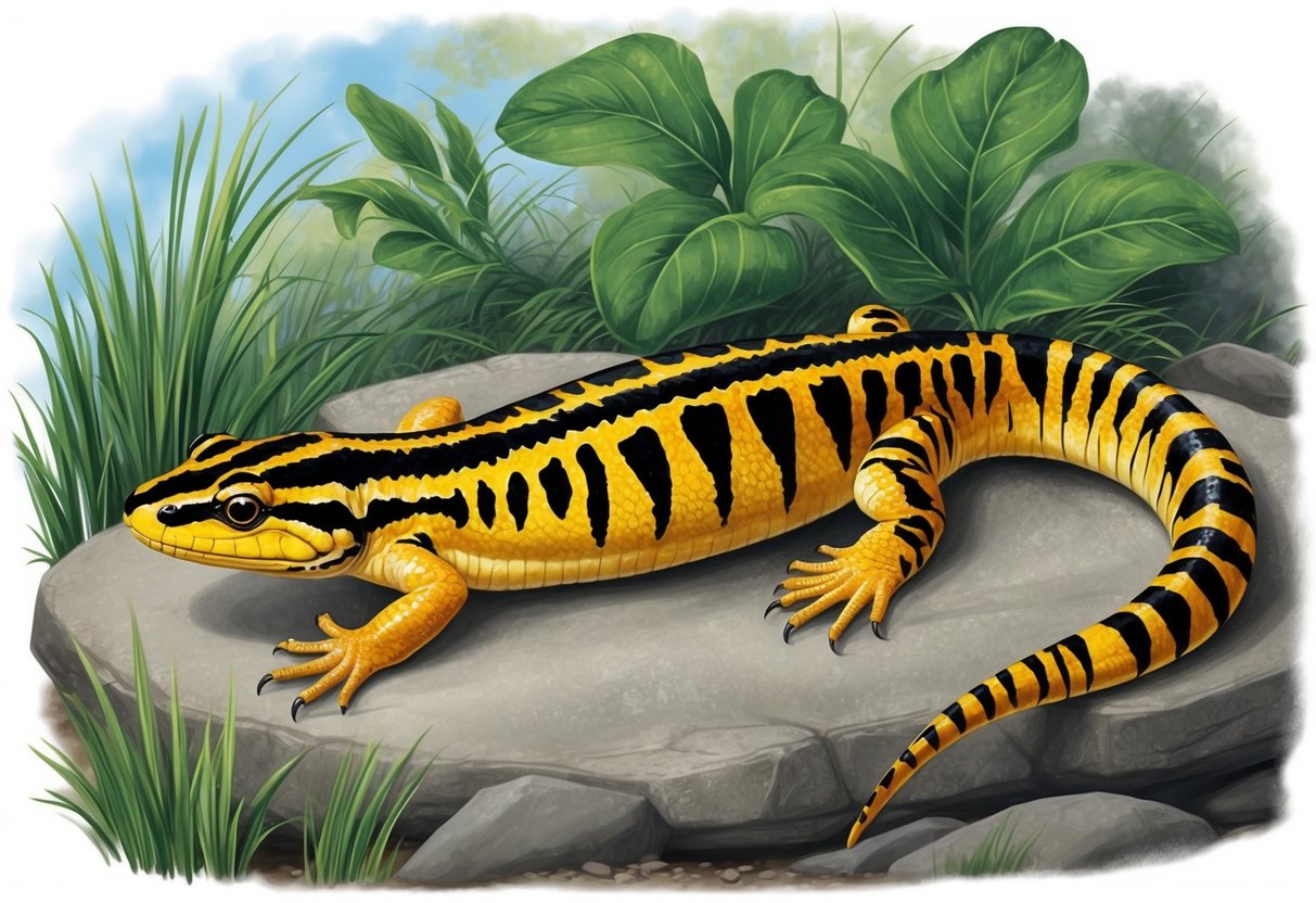 A tiger salamander, measuring around 6-8 inches in length, is depicted in its natural habitat, showcasing its vibrant yellow and black striped pattern, with a sleek, slender body and distinct, wide head