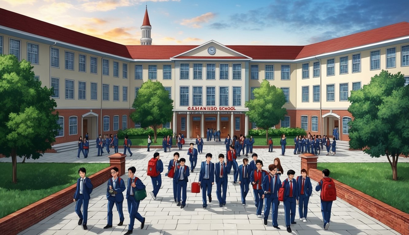 Türkiye'nin Gaziantep şehrinde, kampüse giren ve avluda toplanan öğrencilerle dolup taşan bir lise