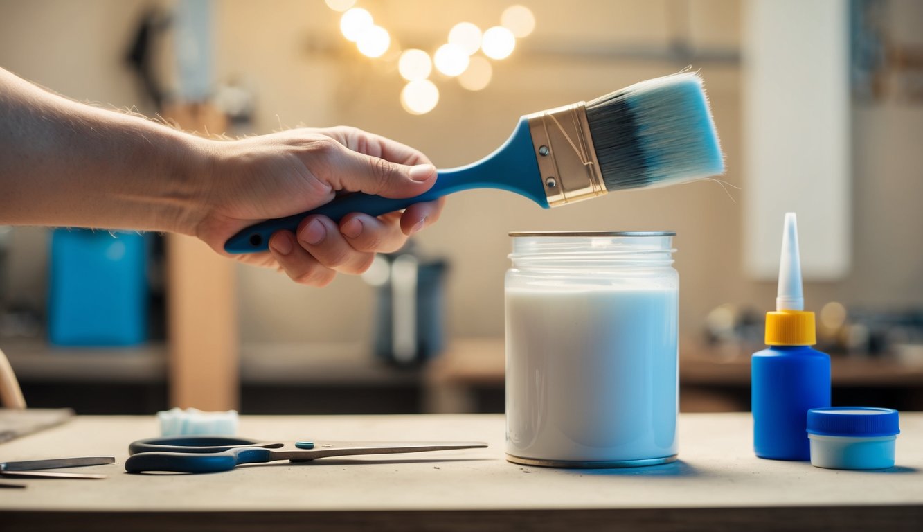 A hand holding a frayed paintbrush next to a container of glue and a pair of scissors on a workbench