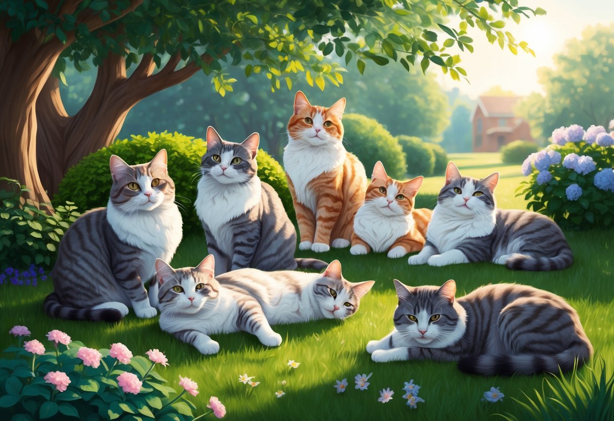 A group of content senior cats lounging in a sunny, peaceful garden, some grooming themselves while others nap, showing signs of health and wellness