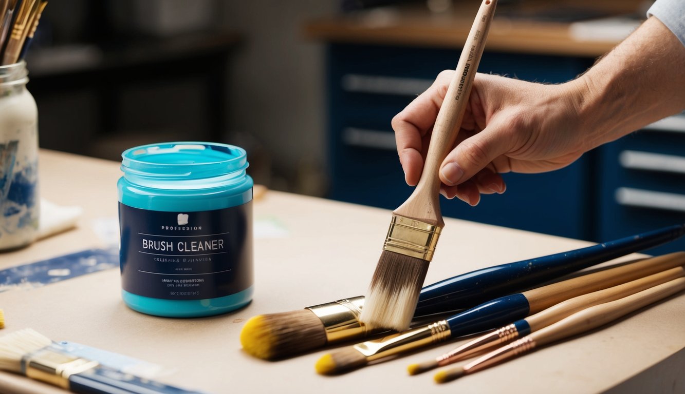 A hand holding a frayed paintbrush next to a jar of brush cleaner and a set of new paintbrushes on a worktable