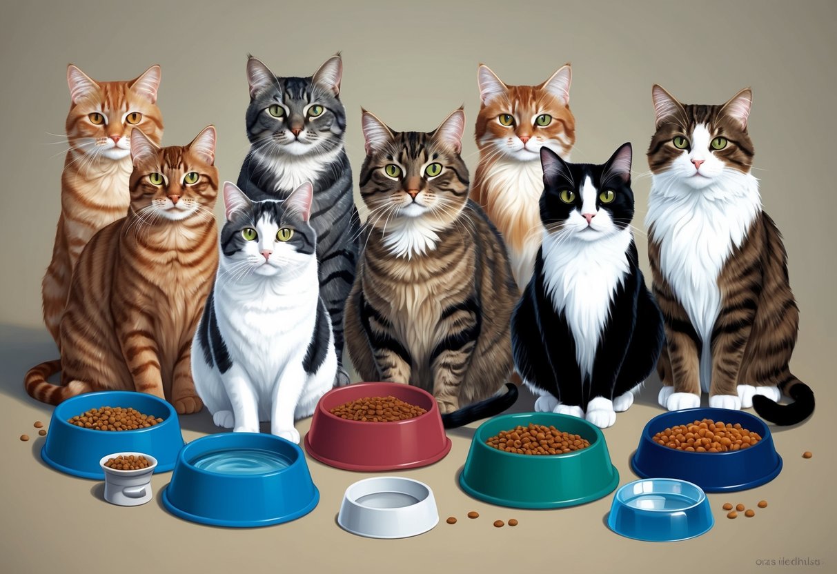 A group of cats of varying ages, with a few reaching 20, surrounded by different types of cat food and water bowls