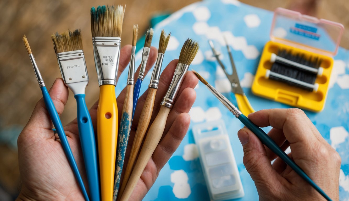 A hand holding various paint brushes, some with frayed bristles, next to a repair kit and a demonstration of fixing the frayed brushes