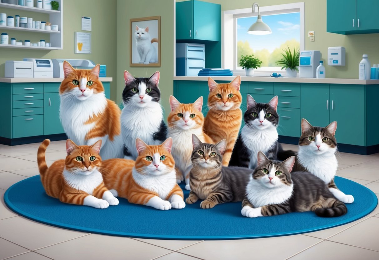 A group of healthy, playful cats of various ages, with a few elderly felines lounging comfortably, in a peaceful and well-maintained veterinary clinic