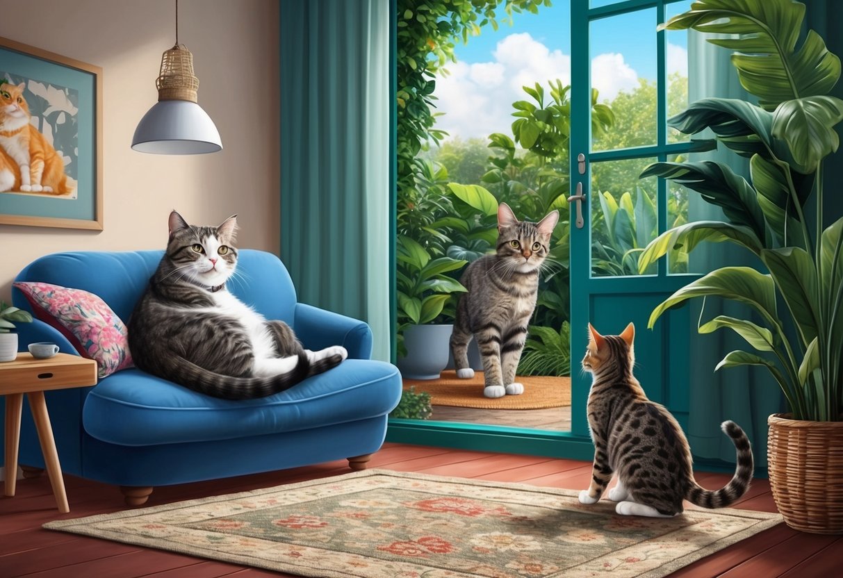 An older cat relaxing in a cozy indoor setting, while a younger cat explores a lush outdoor environment