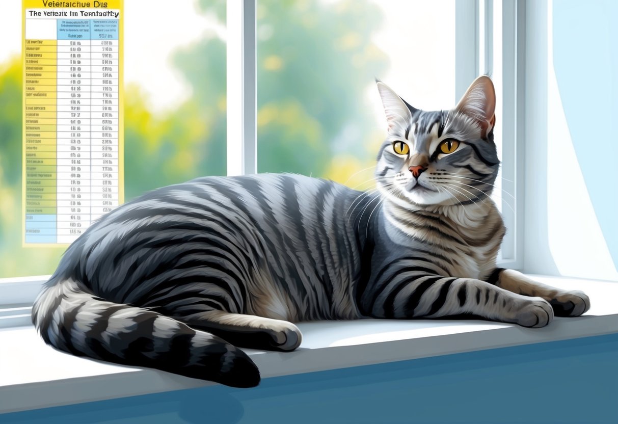 A contented grey tabby cat lounging on a sunlit windowsill, with a veterinarian's chart showing statistics on feline longevity in the background