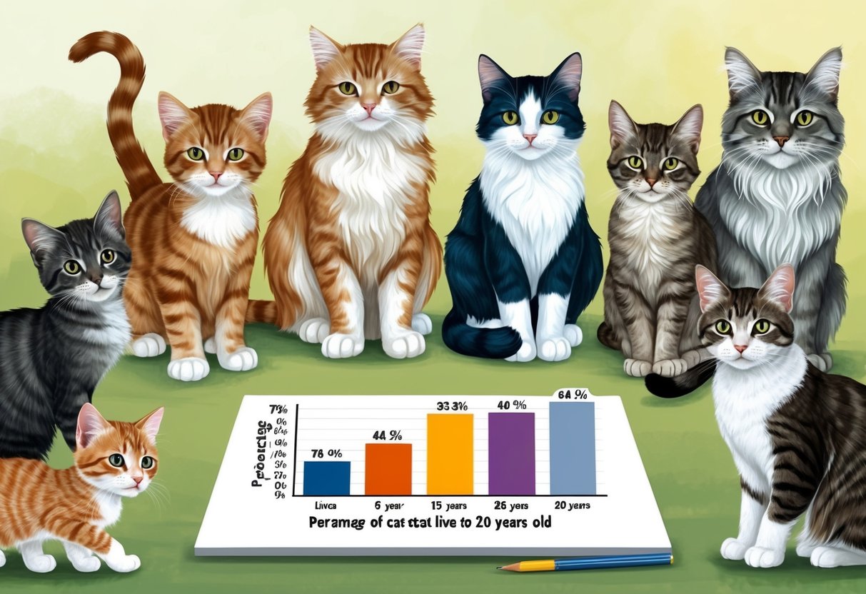 A group of cats of various ages, from kittens to seniors, gathered around a chart showing the percentage of cats that live to 20 years old