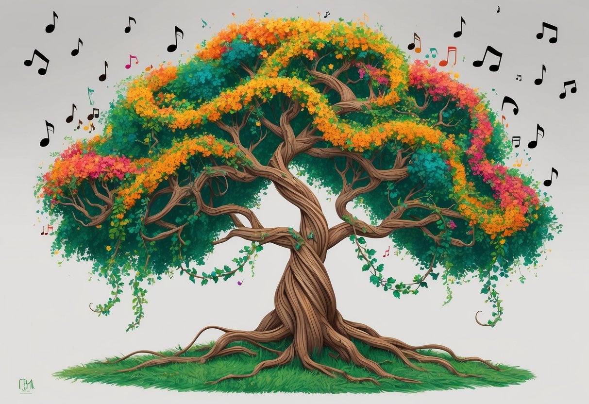 A tree with twisting roots and swirling vines, bursting with vibrant colors and musical notes floating in the air