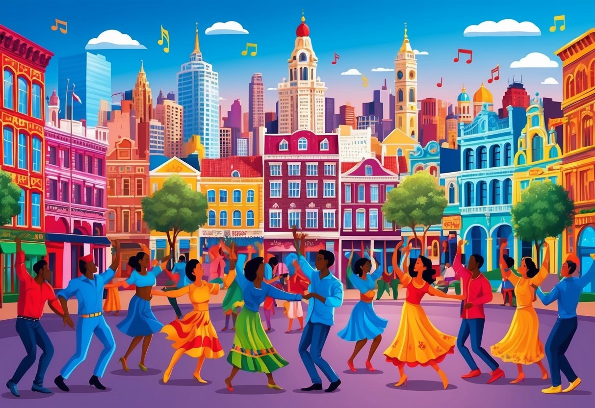 A vibrant cityscape with diverse architecture and people dancing to the rhythm of music from different cultures