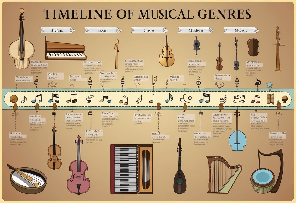 A timeline of musical genres, from ancient to modern, with instruments and symbols of each era