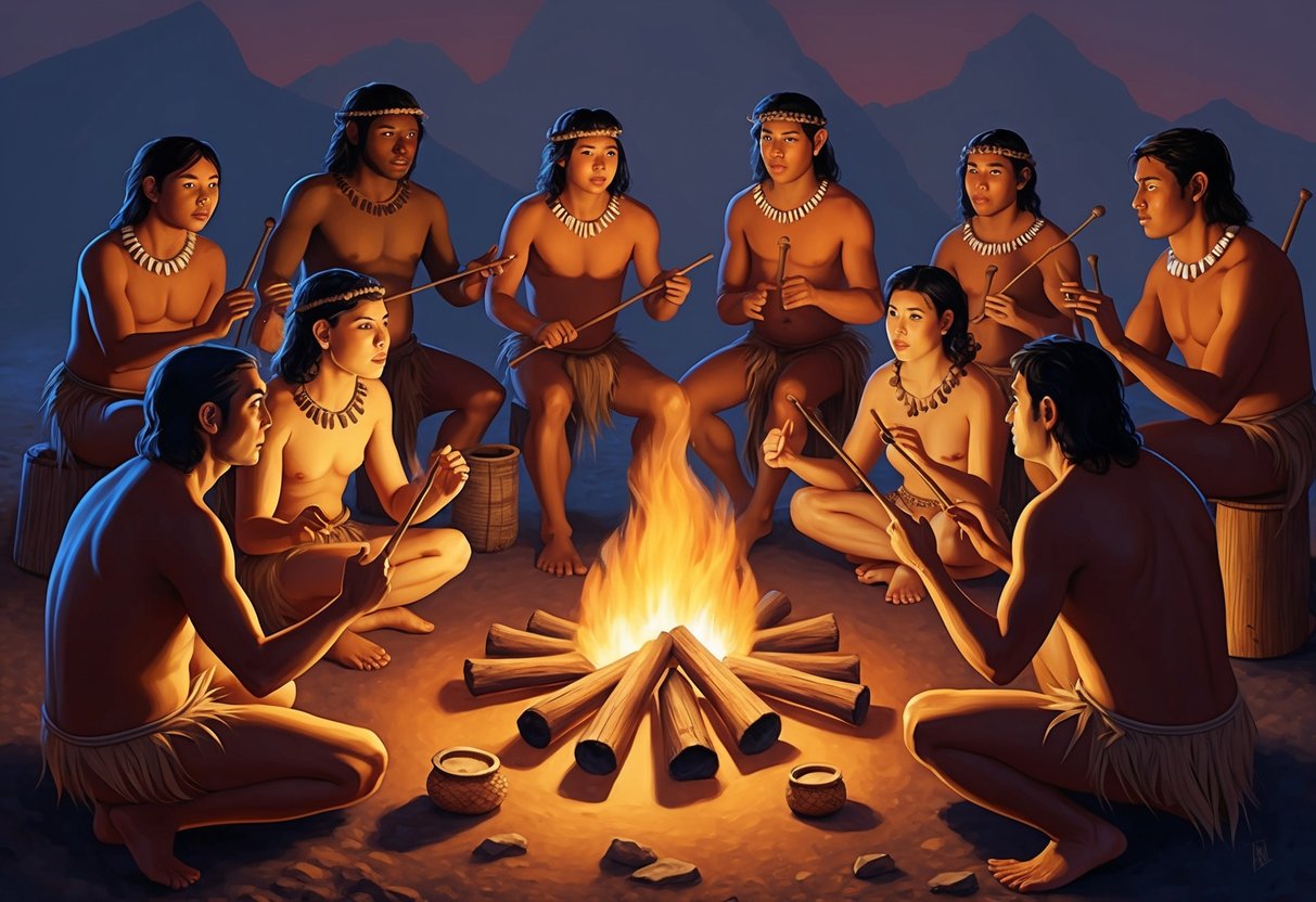 A group of early humans gather around a fire, using primitive instruments to create rhythmic sounds and melodies