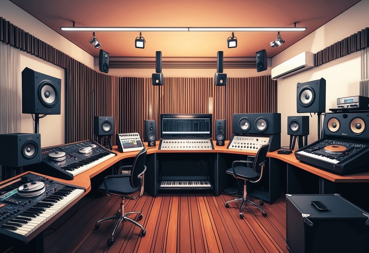 A modern music studio with various instruments and recording equipment, showcasing the innovation and creativity of the modern era