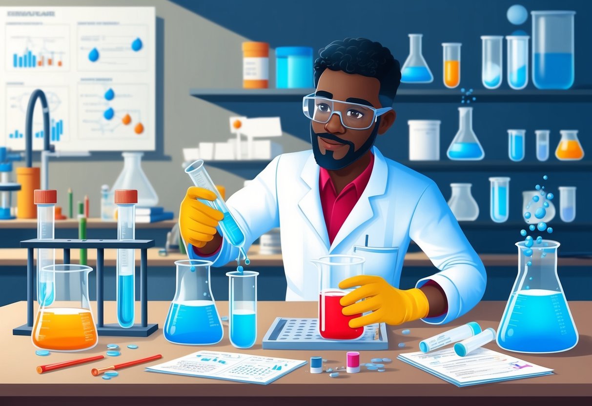 A scientist in a lab mixing chemicals in beakers and test tubes, surrounded by various scientific equipment and research notes