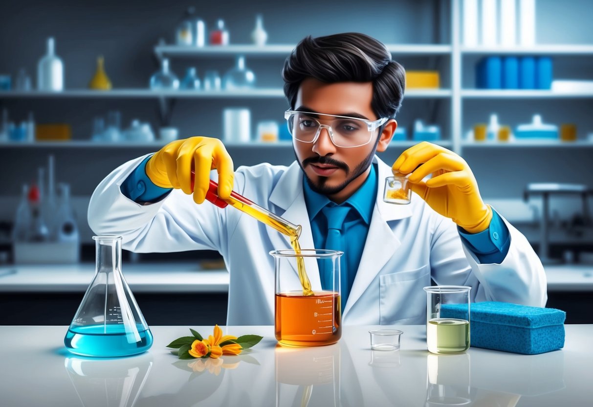 A chemist mixes ingredients in a laboratory, creating a fragrant liquid in a glass beaker