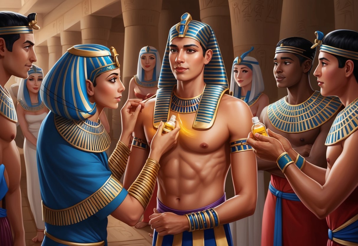 A person in ancient Egypt applies scented oils to their underarms, surrounded by curious onlookers