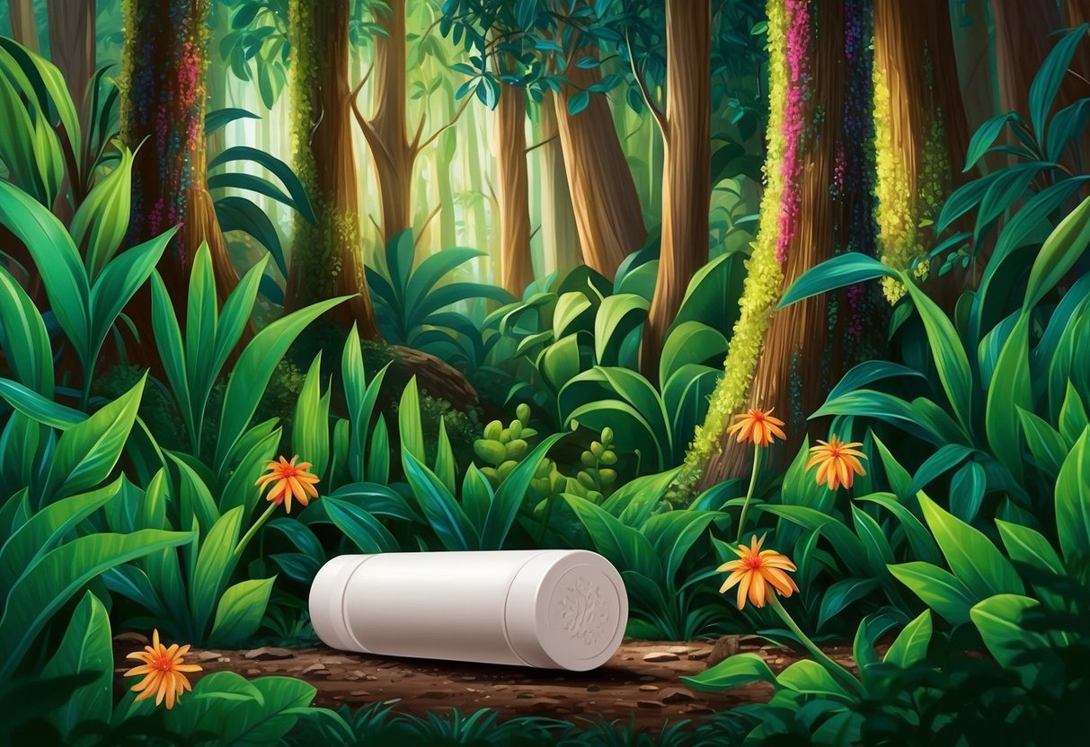 A lush forest with vibrant plants and flowers rising up, while a traditional deodorant stick lies discarded on the ground