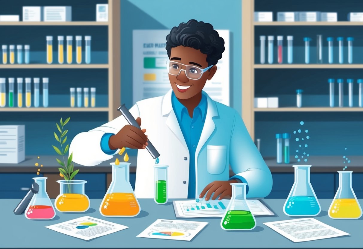 A scientist in a lab mixing fragrant oils and chemicals in glass beakers, surrounded by shelves of test tubes and research papers