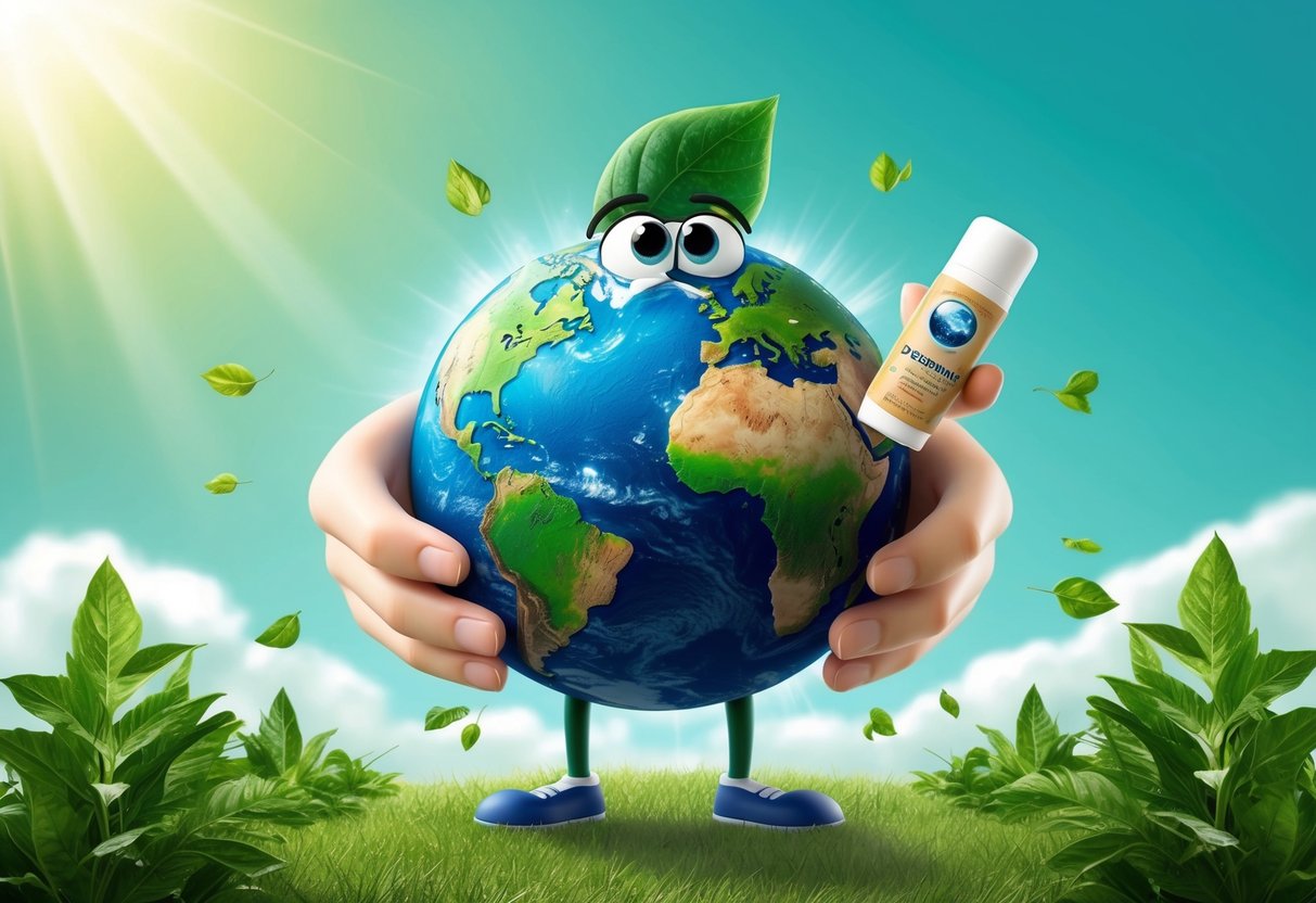 A personified Earth holding a deodorant stick, surrounded by clean air and greenery