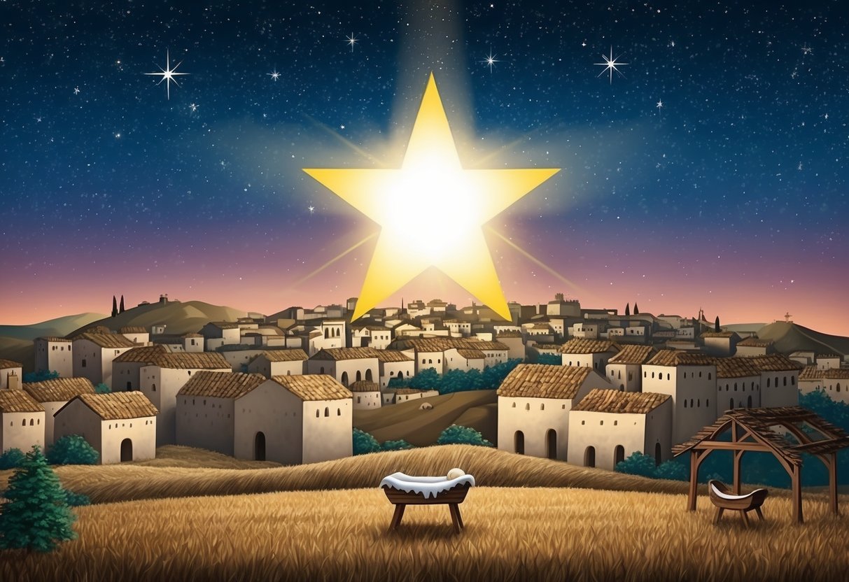 A star shining brightly over the town of Bethlehem, with a manger in the background