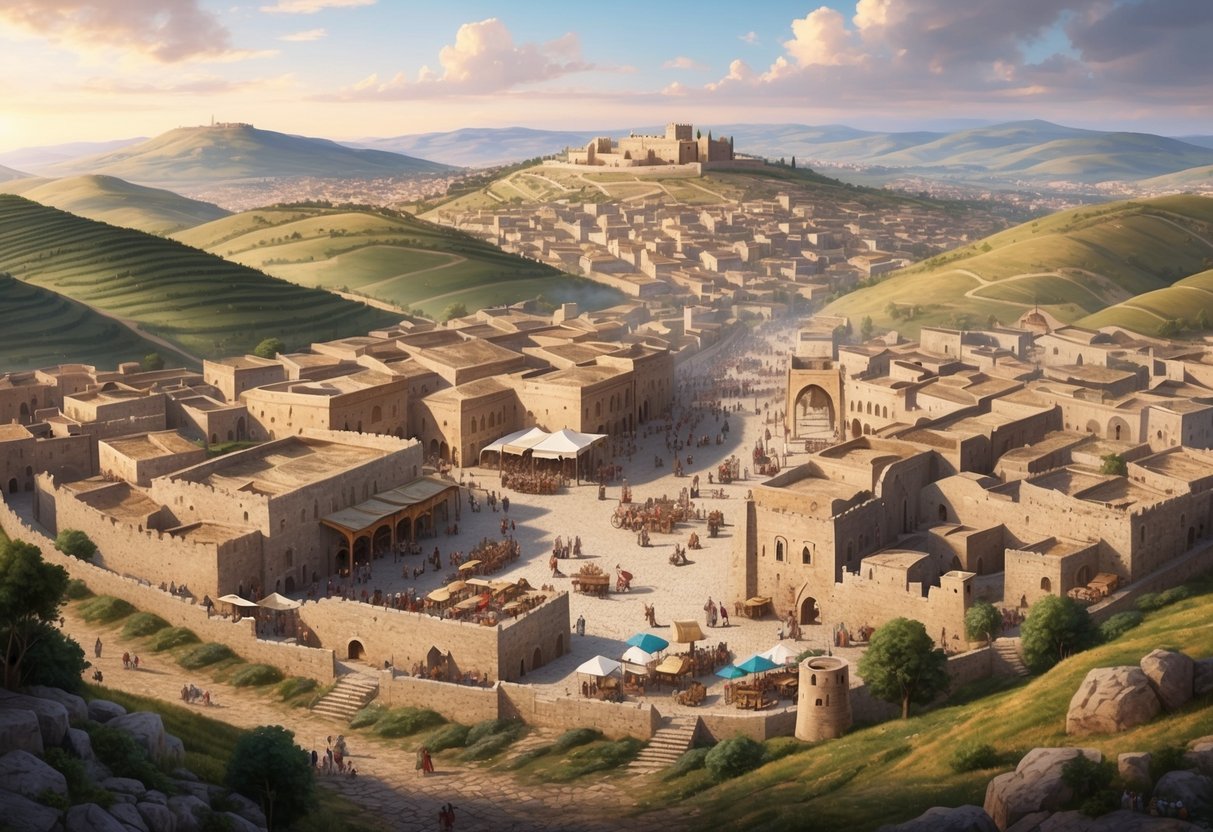 A panoramic view of ancient Bethlehem, with rolling hills, stone buildings, and a central marketplace bustling with activity