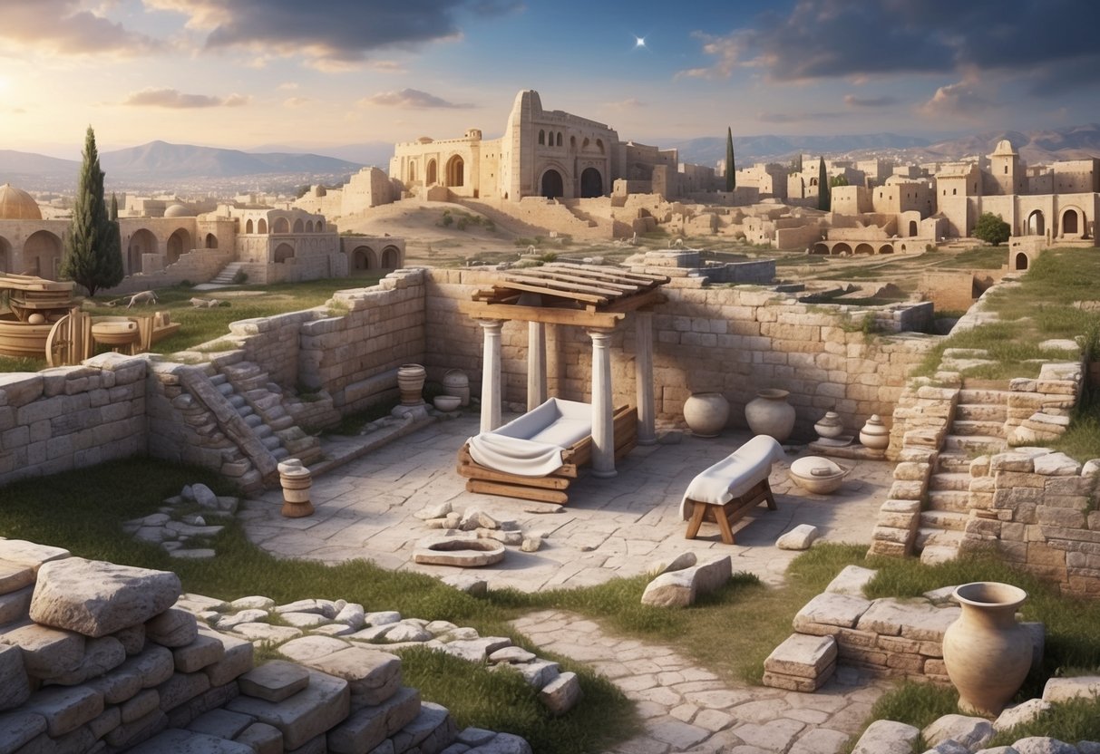 A depiction of ancient Bethlehem with archaeological ruins and historical artifacts surrounding a central focus on a manger or stable setting