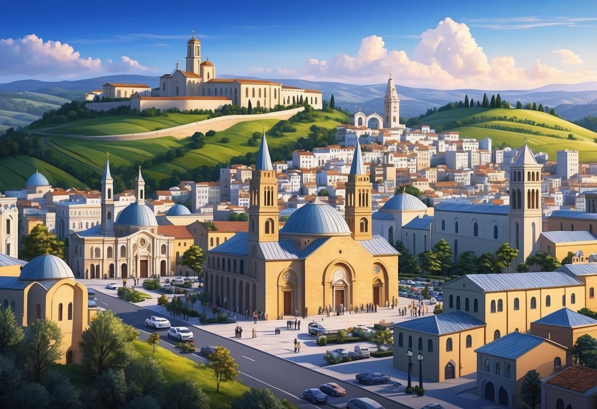 A bustling modern city with historic Christian landmarks, including the Church of the Nativity, stands against a backdrop of rolling hills and ancient architecture