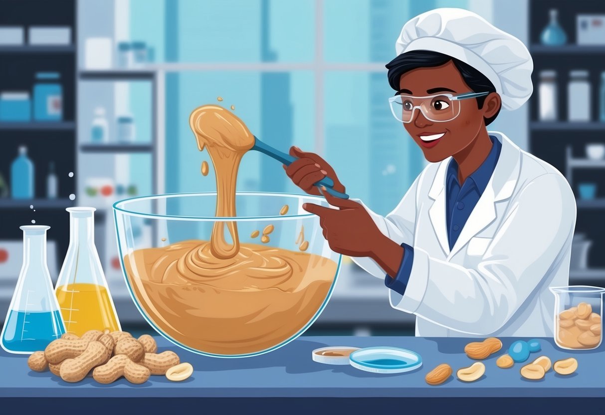 A scientist mixes peanuts and oil in a lab, creating a creamy paste