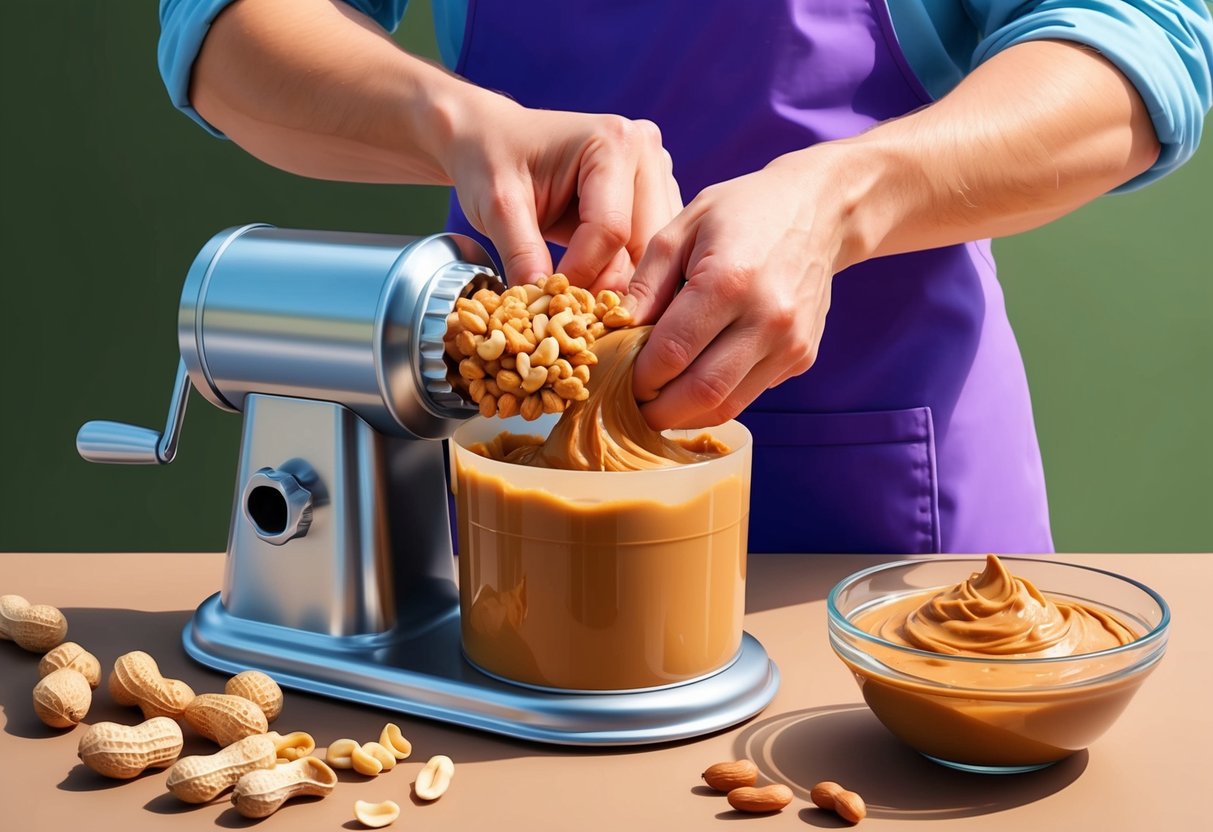 A person mixing peanuts in a grinder, creating peanut butter