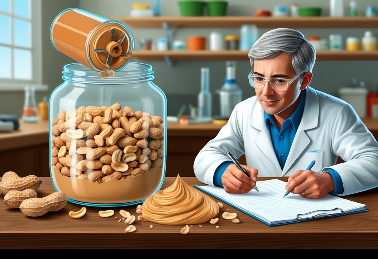 A jar of peanuts being ground into a smooth paste, with a scientist observing and taking notes on the process