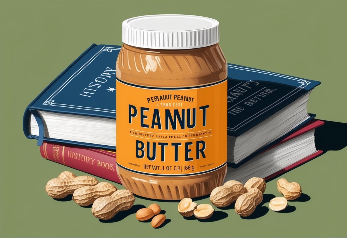 A jar of peanut butter surrounded by peanuts and a history book