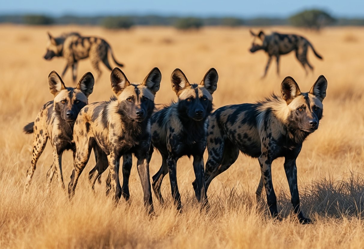 A pack of African wild dogs roam the open savannah, their distinctive mottled coats blending in with the golden grasses