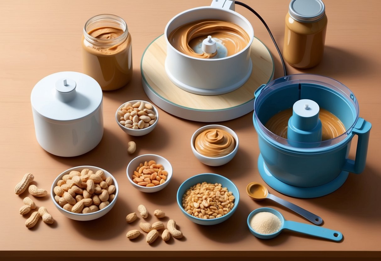 A table with various ingredients and tools for making peanut butter, including peanuts, a food processor, and jars for storage