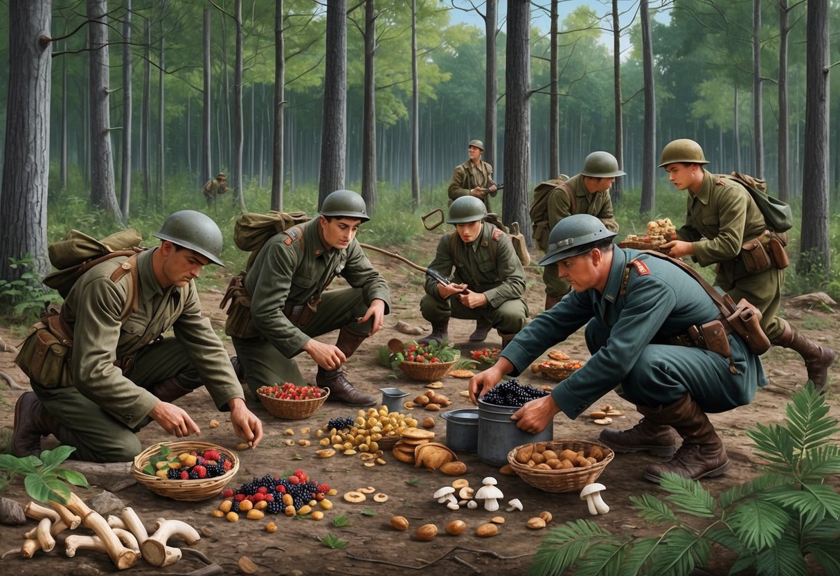 A group of partisans foraging for food in a forest clearing during World War II.</p><p>They gather berries, nuts, and mushrooms while keeping a lookout for enemy patrols