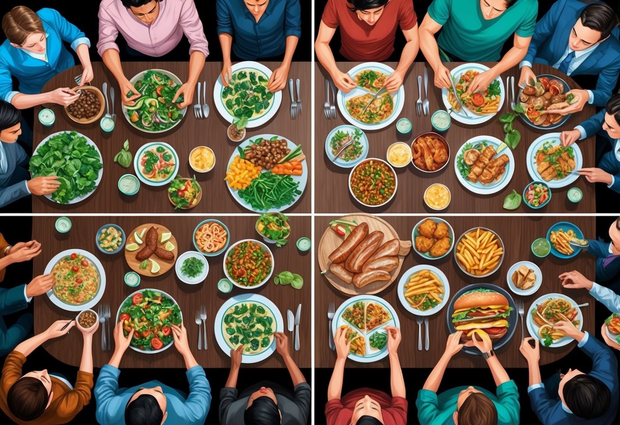 A crowded table split in half with one side filled with organic, plant-based dishes and the other side piled high with meat-based, fast food items